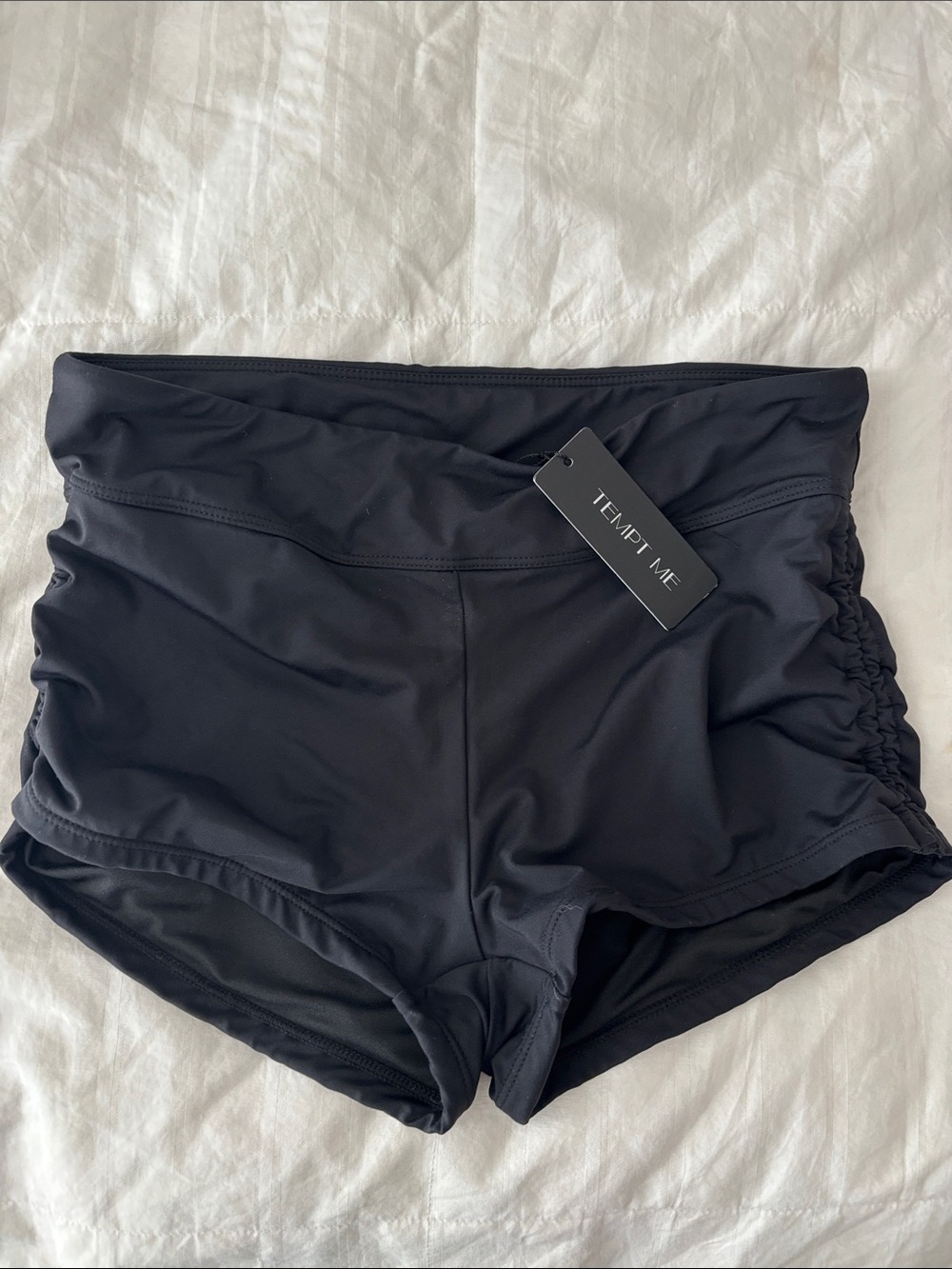 Tempt Me Black High-Waist Swim Shorts with Ruched Sides
